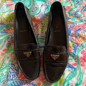 Authentic Prada Black Patent Leather Logo Slip On Loafers/Moccasins